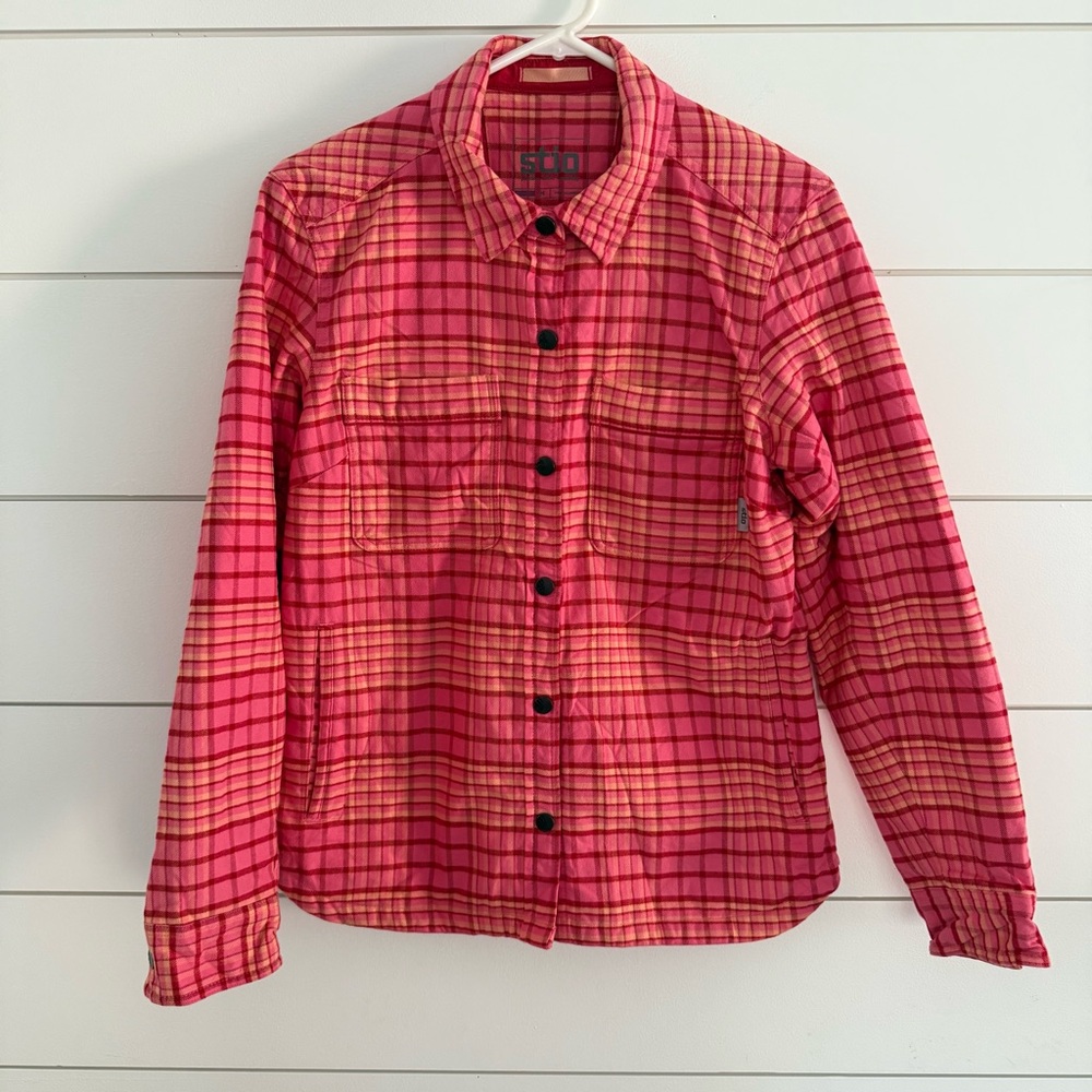 STIO Women's Medium Snap Front Buckhorn Insulated Flannel Shacket Pink Red Plaid